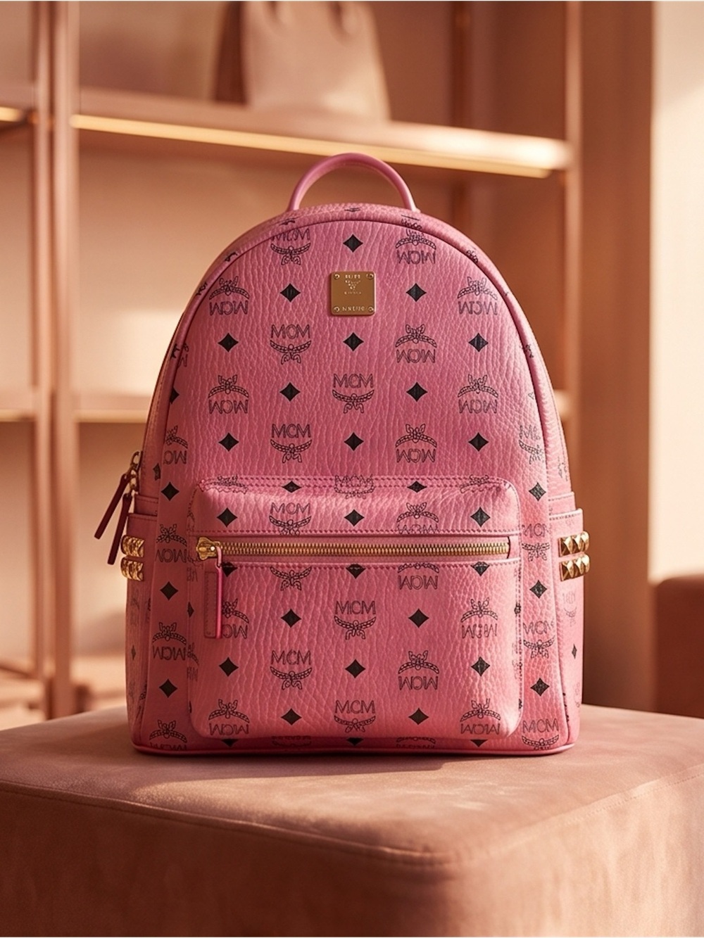 MCM VISETOS STUDDED MEDIUM STARK BACKPACK Bubble Gum Pink MSRP $1498